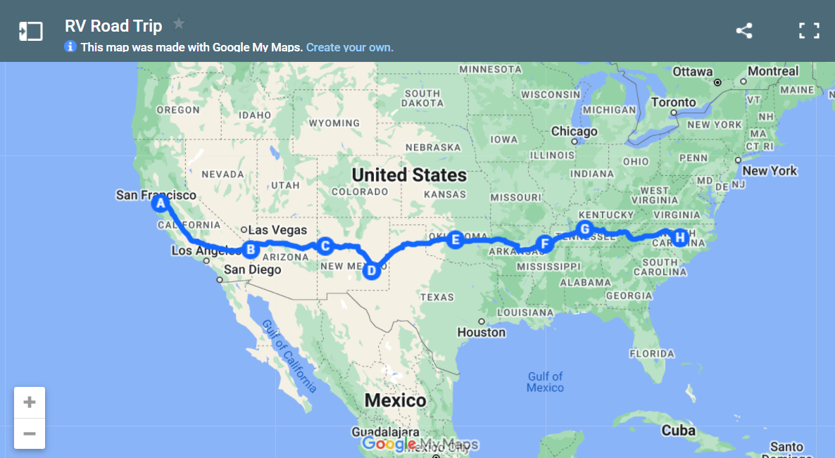 our RV trip map